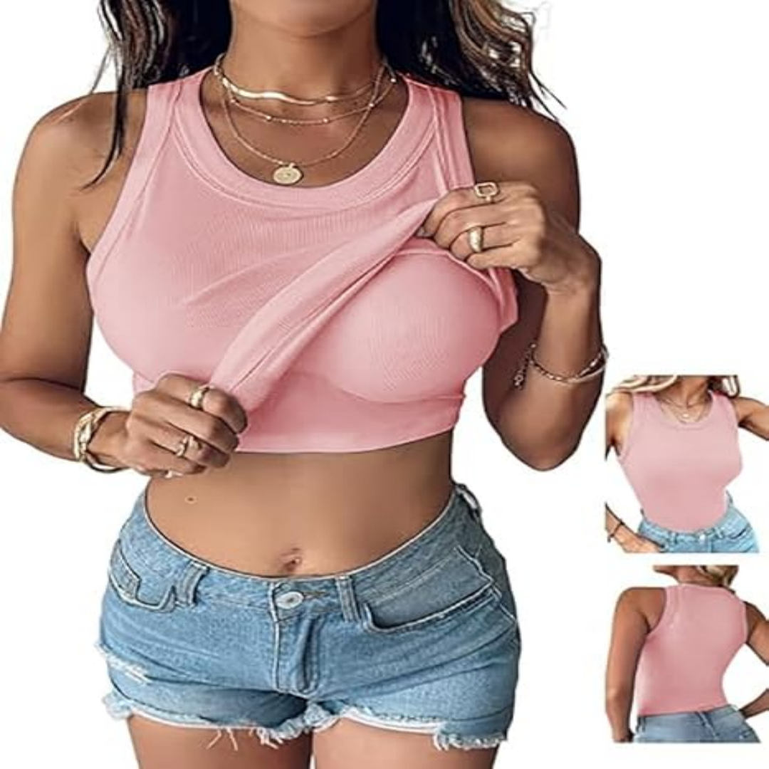 This Week's Special PriceđRound Neck Built-in Bra Ribbed Tank Top Fit Casual Comfortableđ„