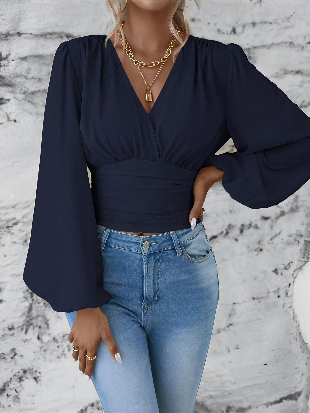 Ruched V Neck Puff Long Sleeves Smocked Casual Blouse