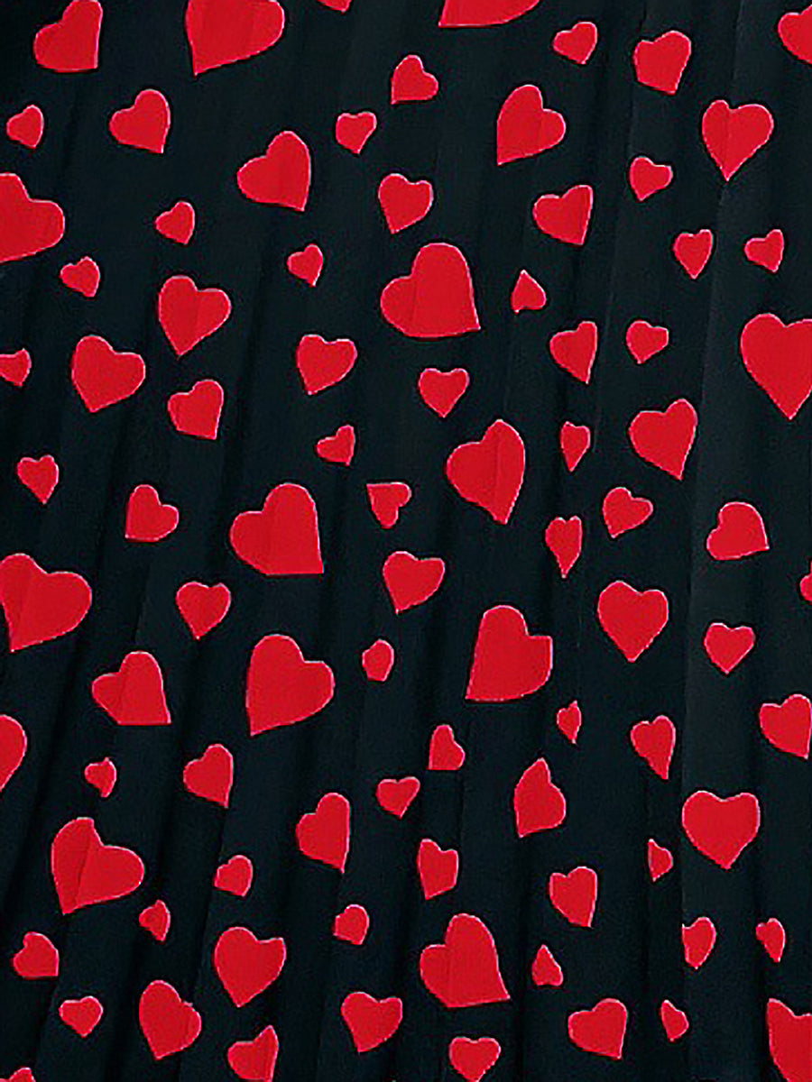 Heart Print Round Neck Pleated A-Line Midi Dress