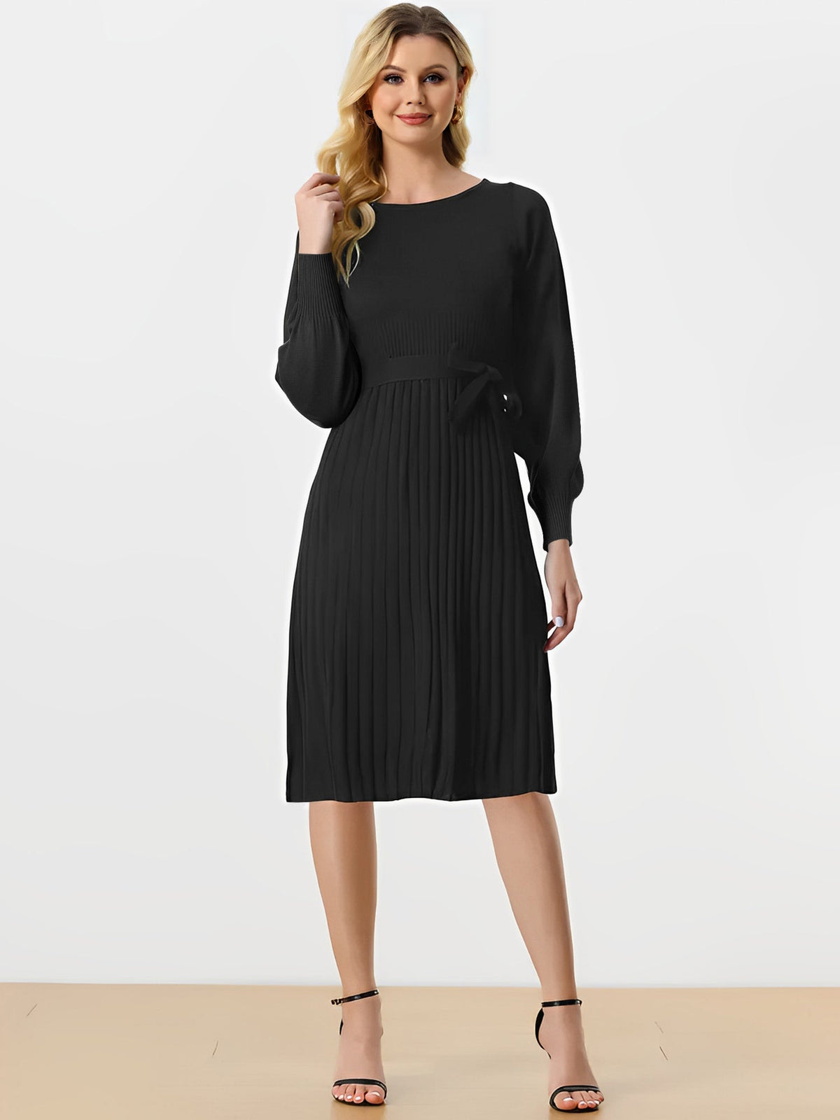 Long Sleeve Ribbed Knit Belted Pleated Midi Sweater Dress