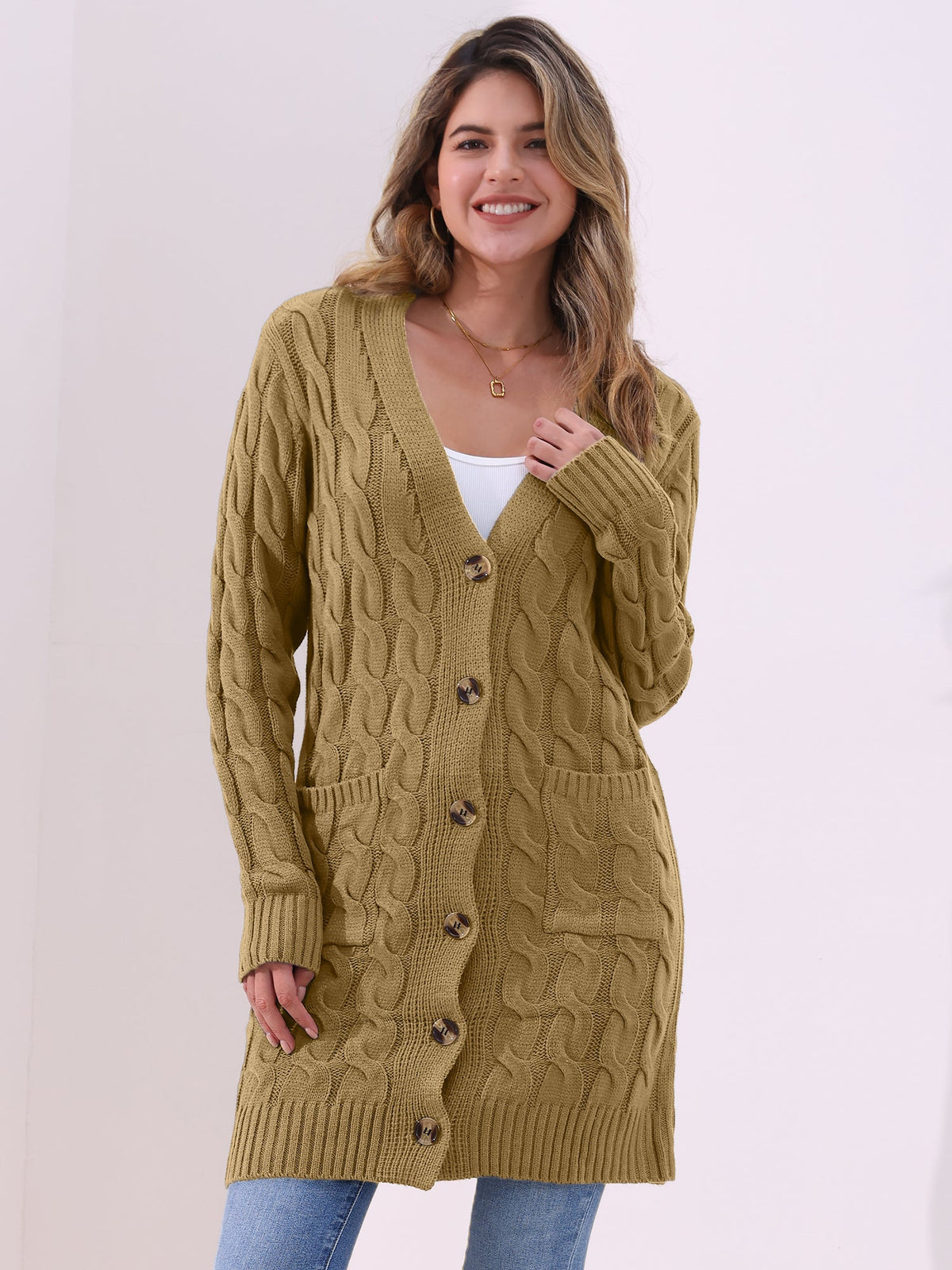 Long Sleeves Cable Knit Button Down Cardigan