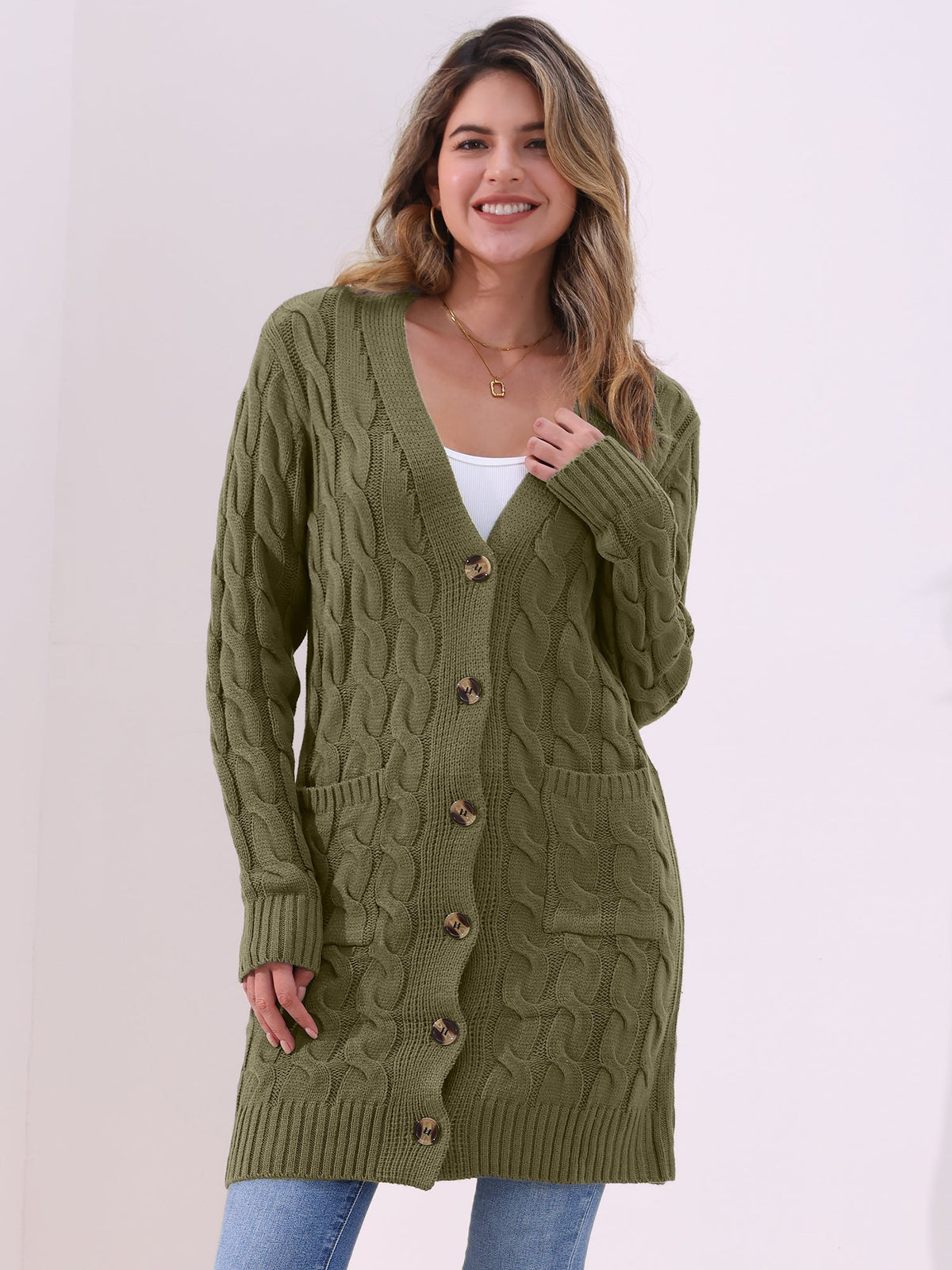 Long Sleeves Cable Knit Button Down Cardigan