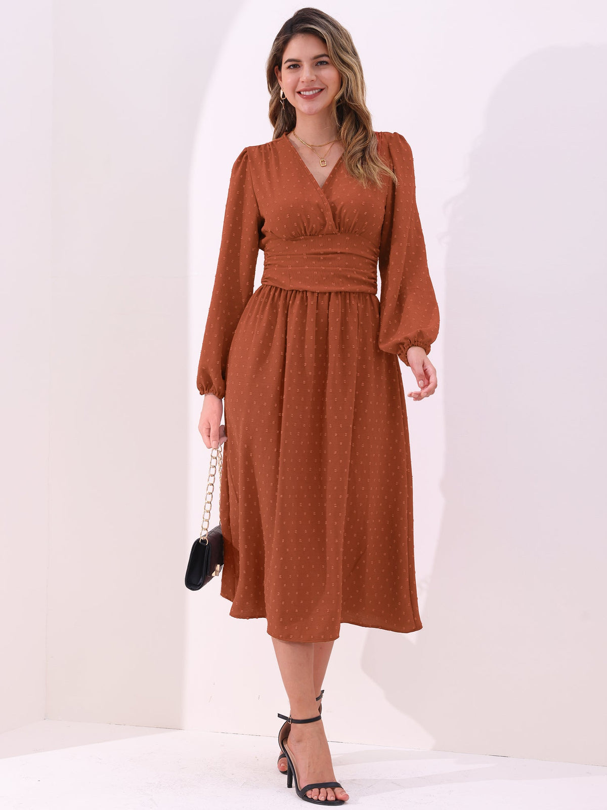Vintage-Chic V Neck Swiss Polka Dots Lantern Long Sleeve Midi Office Dress