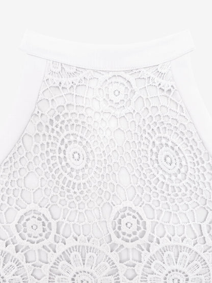 Elegant Floral Lace & Adjustable Straps Solid Color Halter Neck Lace Sleeveless Blouse
