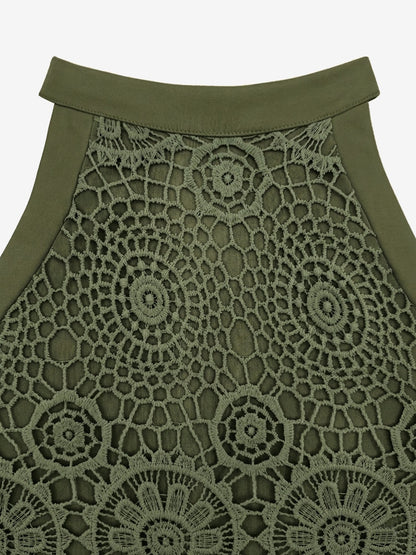 Elegant Floral Lace & Adjustable Straps Solid Color Halter Neck Lace Sleeveless Blouse