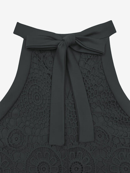 Elegant Floral Lace & Adjustable Straps Solid Color Halter Neck Lace Sleeveless Blouse