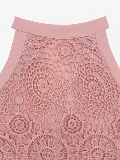 Elegant Floral Lace & Adjustable Straps Solid Color Halter Neck Lace Sleeveless Blouse