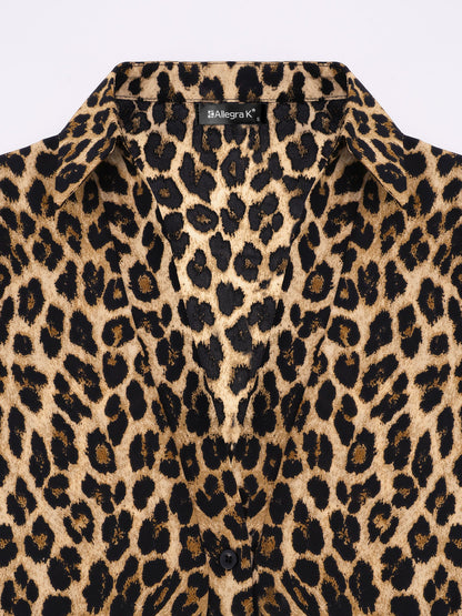Leopard Print Wrap Blouse with Tie Waist Office to Evening Long Sleeves Top