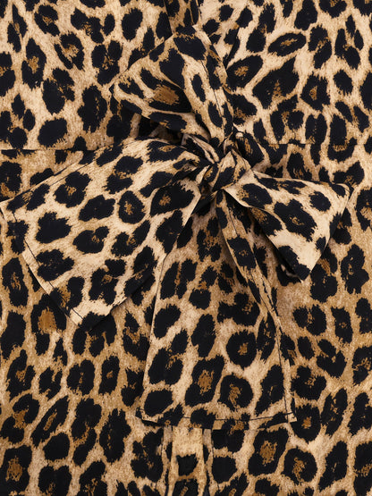 Leopard Print Wrap Blouse with Tie Waist Office to Evening Long Sleeves Top