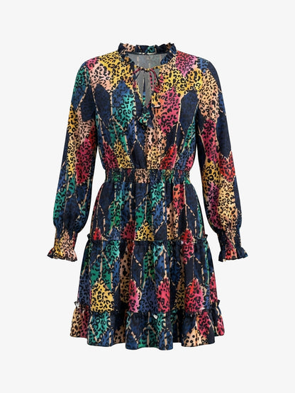 Leopard Print Mini Dress - V-Neck with Smocked Bodice & Ruffled Tiered Skirt