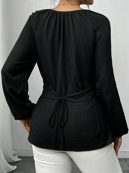 Round Neck Long Sleeves Criss Cross Lace-Up Blouse