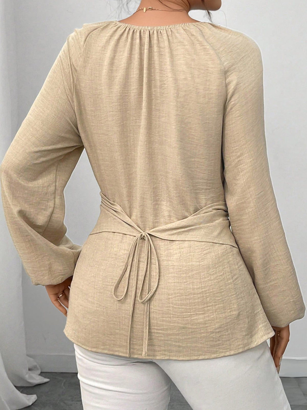 Round Neck Long Sleeves Criss Cross Lace-Up Blouse