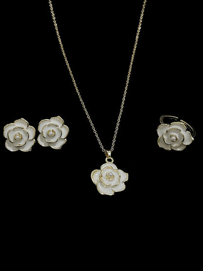 3 Pieces Floral Faux Pearl Earrings Ring and Pendant Necklace Jewelry Set