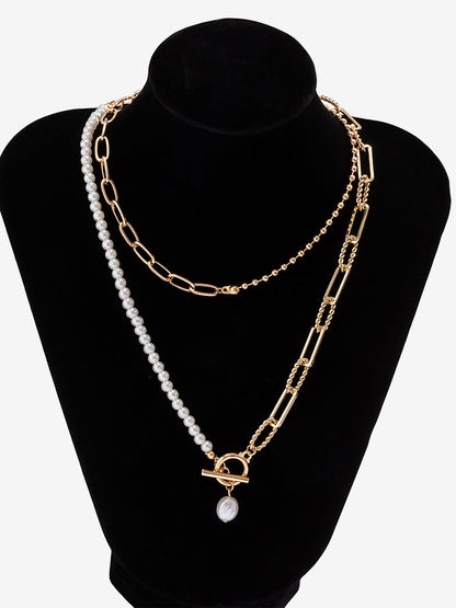 Trendy Layered Long Round Bead Chain Stacking Faux Adjustable Pearl Buckle Necklace
