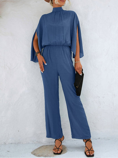 Elegant Solid Color Mock Tie Neck 3/4 Slit Sleeve Office Jumpsuits