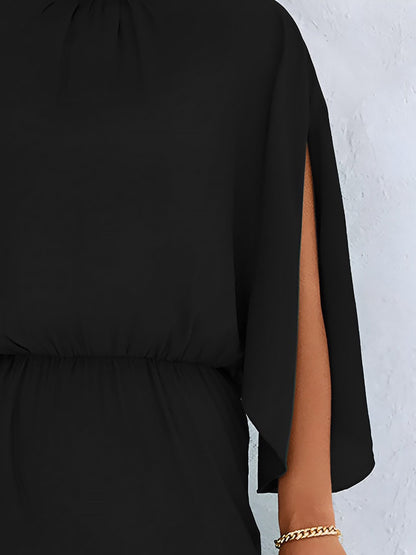 Elegant Solid Color Mock Tie Neck 3/4 Slit Sleeve Office Jumpsuits