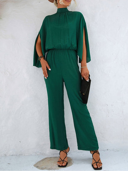 Elegant Solid Color Mock Tie Neck 3/4 Slit Sleeve Office Jumpsuits