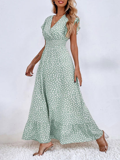 Dots Print Ruffled Cap Sleeves Smocked Waist Maxi Dress