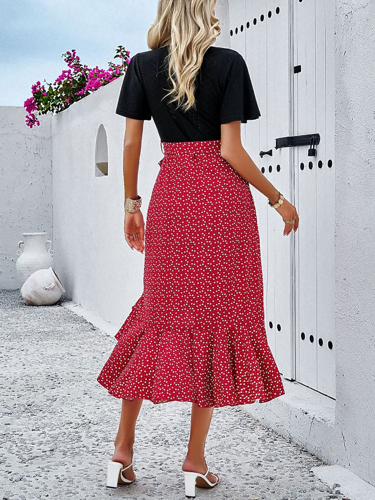 Boho-Chic Eyelet Short Sleeves Patchwork Floral Belted Hi-Lo Hem Midi Garden Party Dress