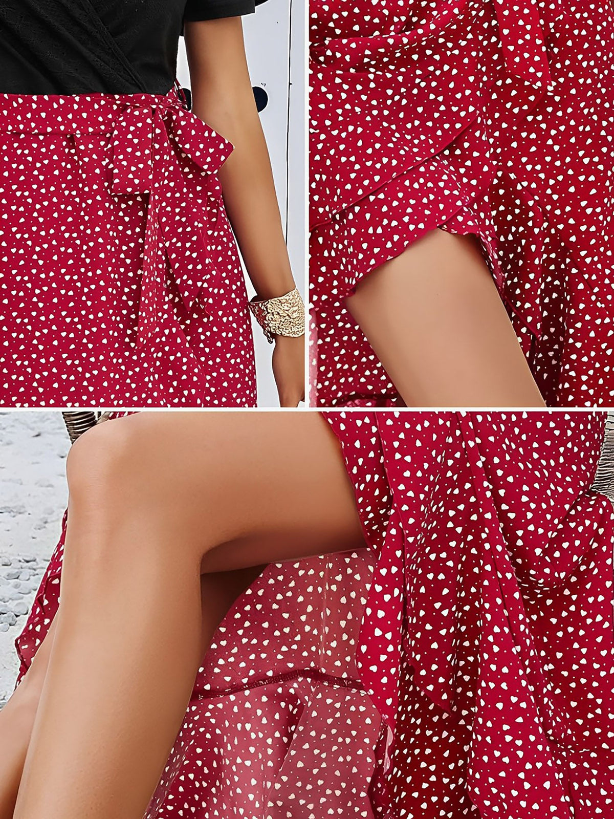 Boho-Chic Eyelet Short Sleeves Patchwork Floral Belted Hi-Lo Hem Midi Garden Party Dress
