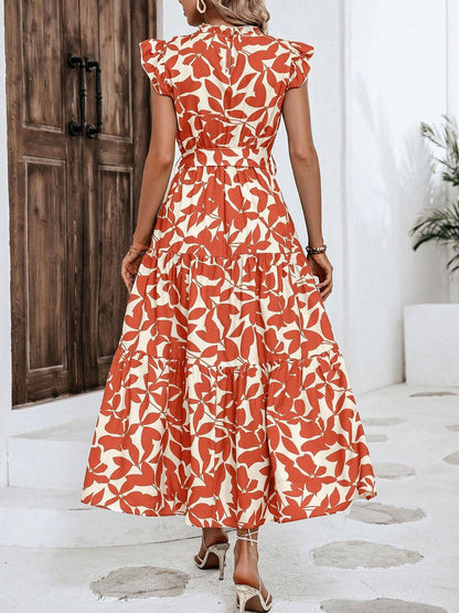 Flattering A-Line Ruffled Cap Sleeves Belted Floral Tiered for Garden Parties & Brunch Dates Maxi Dress