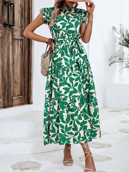 Flattering A-Line Ruffled Cap Sleeves Belted Floral Tiered for Garden Parties & Brunch Dates Maxi Dress