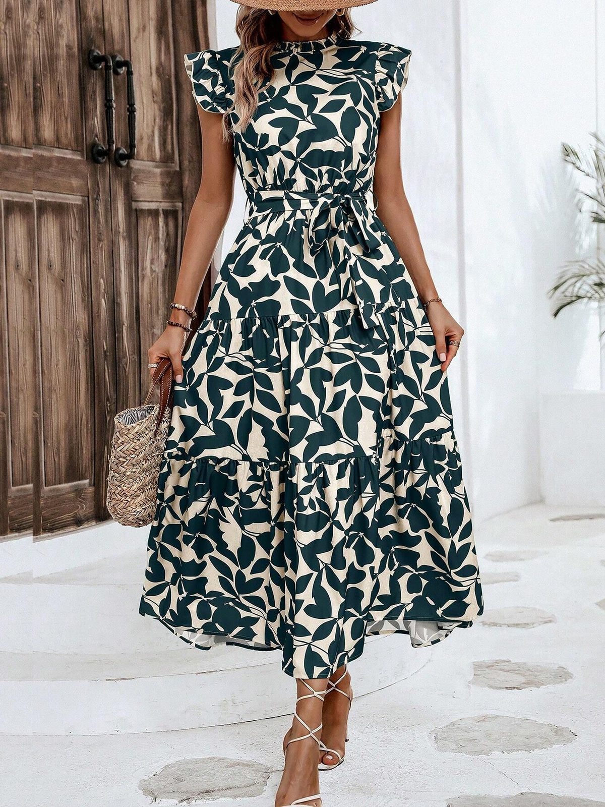 Flattering A-Line Ruffled Cap Sleeves Belted Floral Tiered for Garden Parties & Brunch Dates Maxi Dress