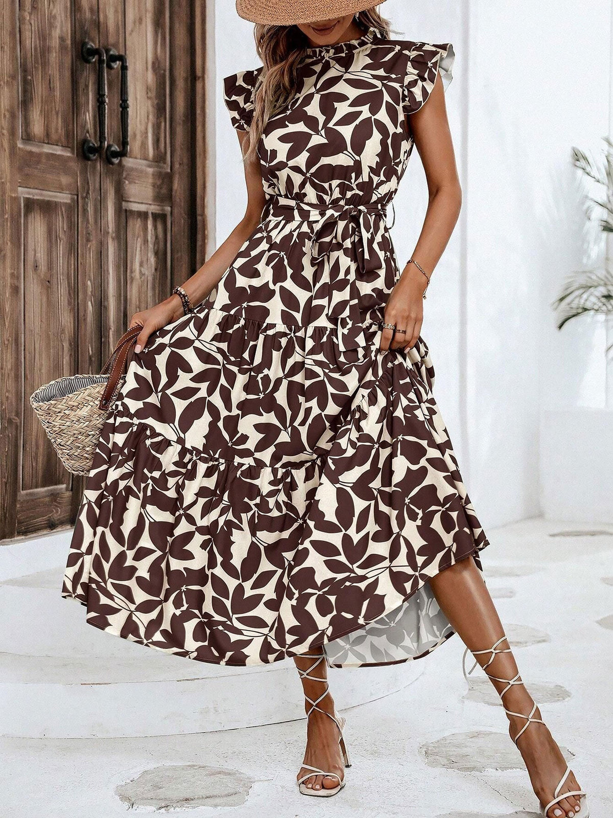 Flattering A-Line Ruffled Cap Sleeves Belted Floral Tiered for Garden Parties & Brunch Dates Maxi Dress