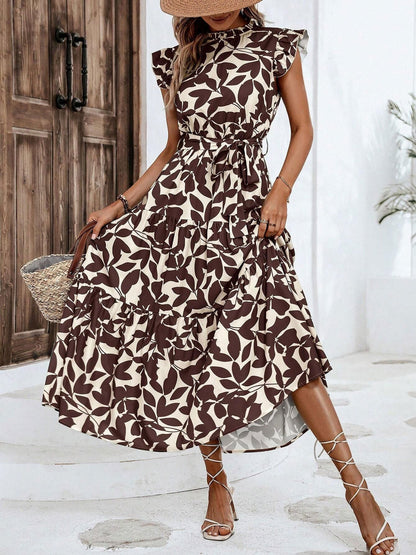 Flattering A-Line Ruffled Cap Sleeves Belted Floral Tiered for Garden Parties & Brunch Dates Maxi Dress
