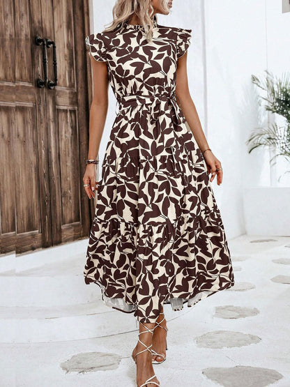 Flattering A-Line Ruffled Cap Sleeves Belted Floral Tiered for Garden Parties & Brunch Dates Maxi Dress
