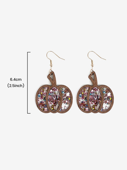 Festive Dangle Halloween Wooden Pumpkin Inlay Sparkling Acrylic Sequins Earrings