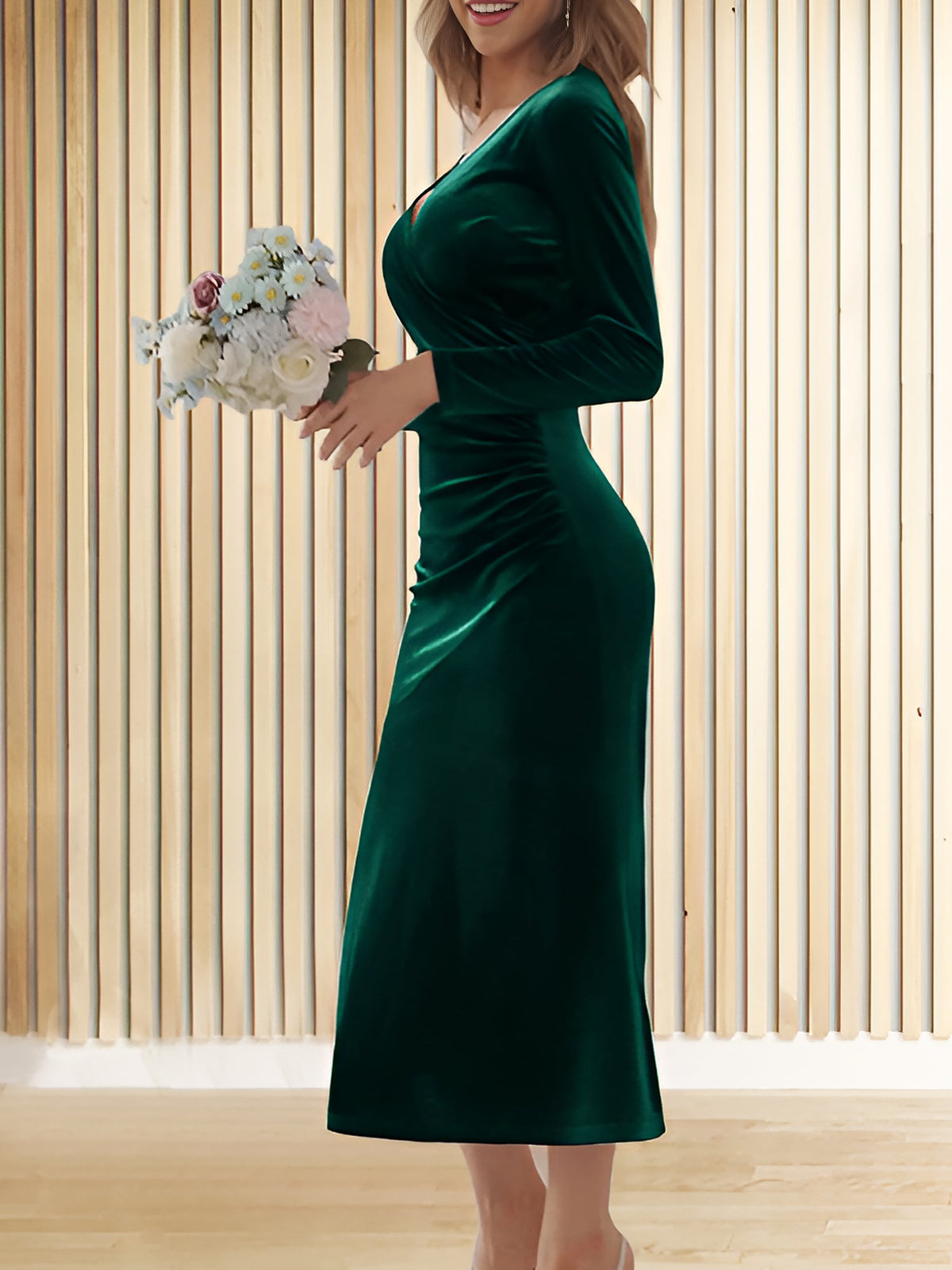 Flattering Asymmetrical Ruches with Fishtail Hem Velvet Ruched Long Sleeves Bodycon Fishtail Maxi Date Nights Dress