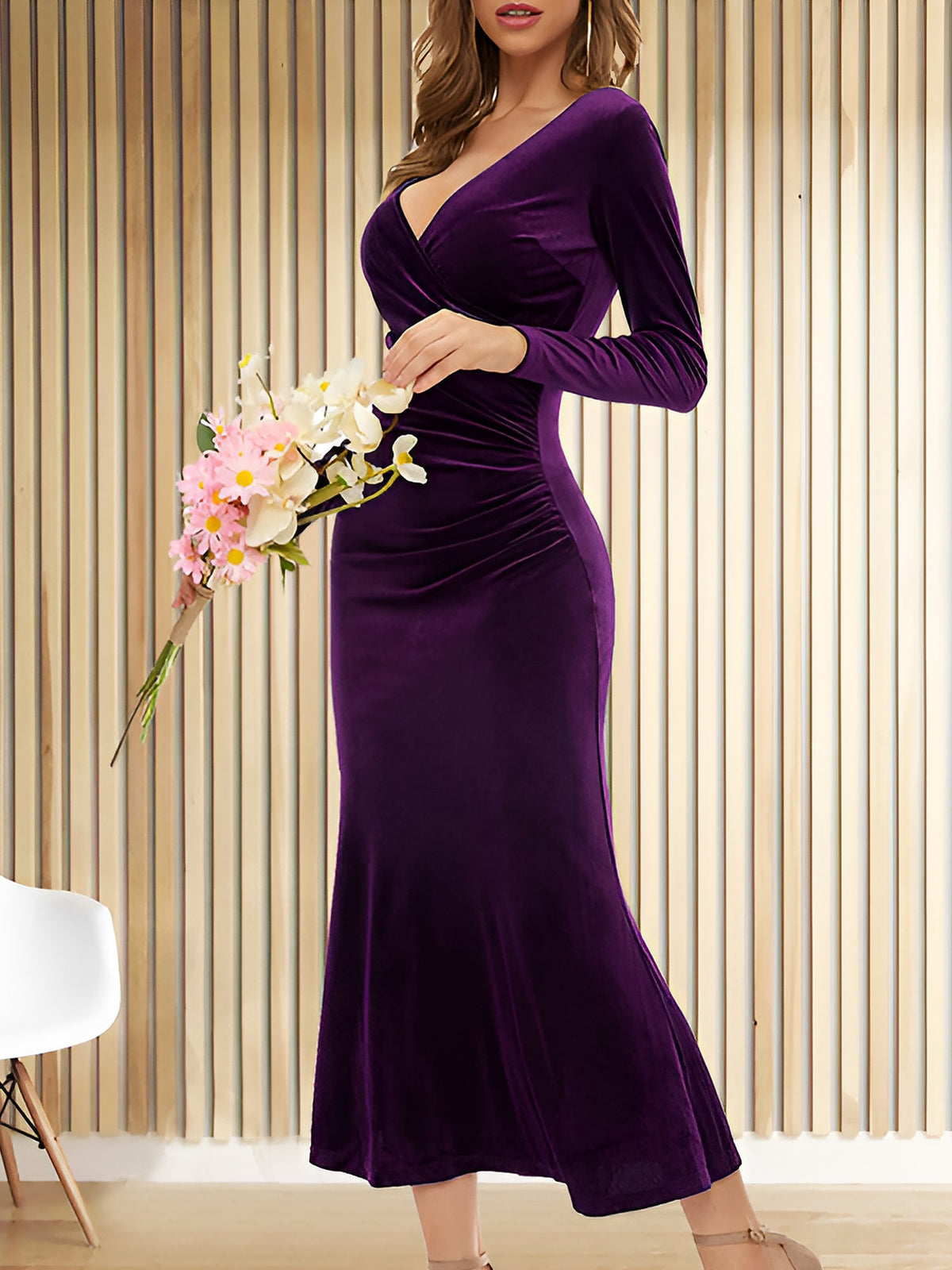 Flattering Asymmetrical Ruches with Fishtail Hem Velvet Ruched Long Sleeves Bodycon Fishtail Maxi Date Nights Dress