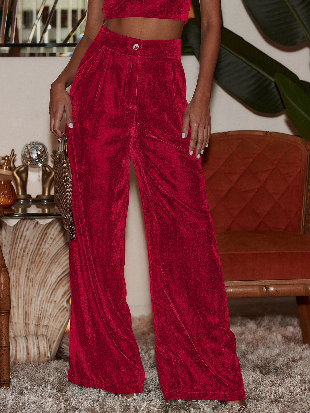 Velvet Straight Loose Fit Wide Leg Trousers Pants