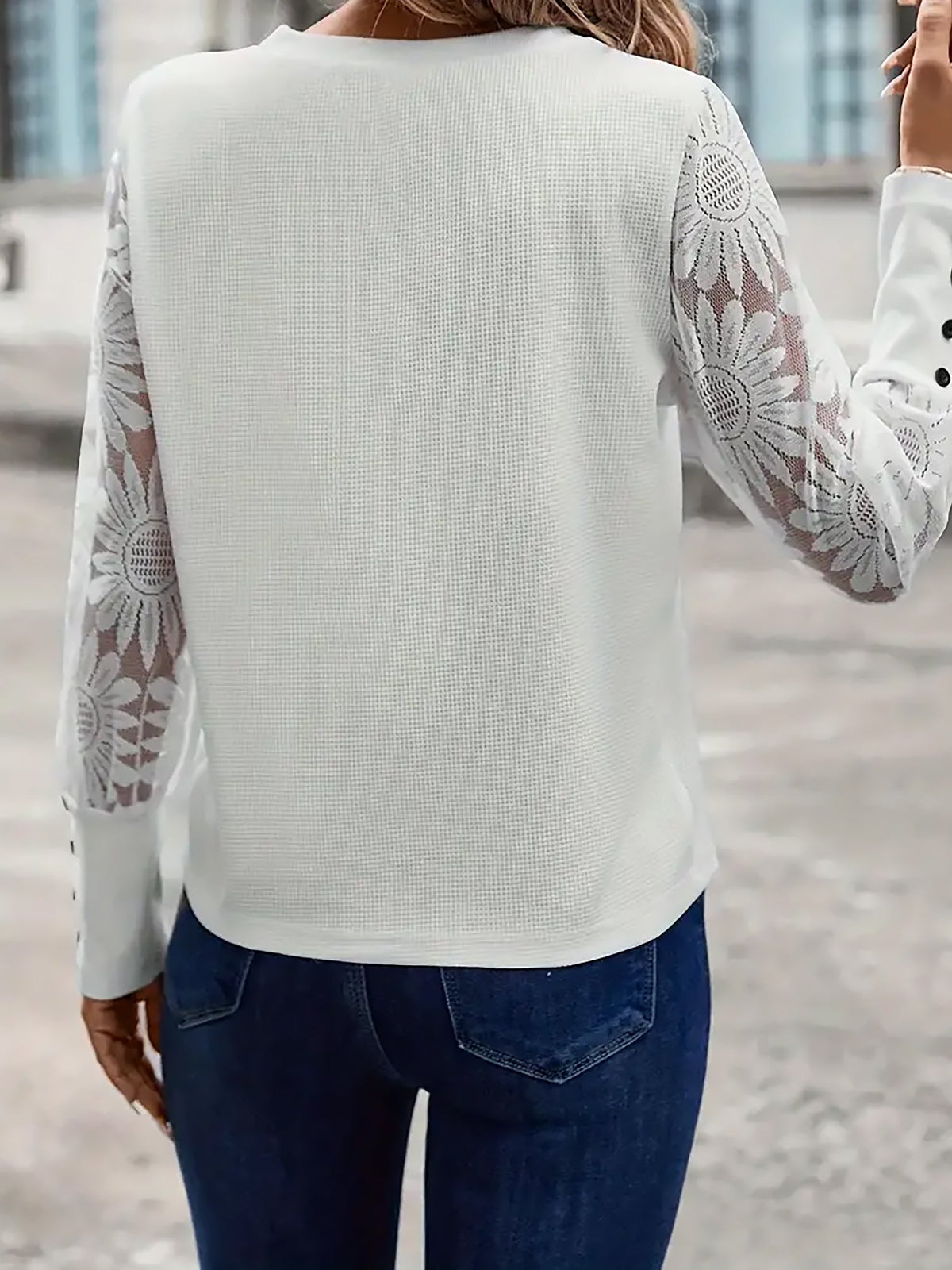 Elegant Lace Sheer Long Sleeves Knit Solid Color Soft Knit Body Office Blouse