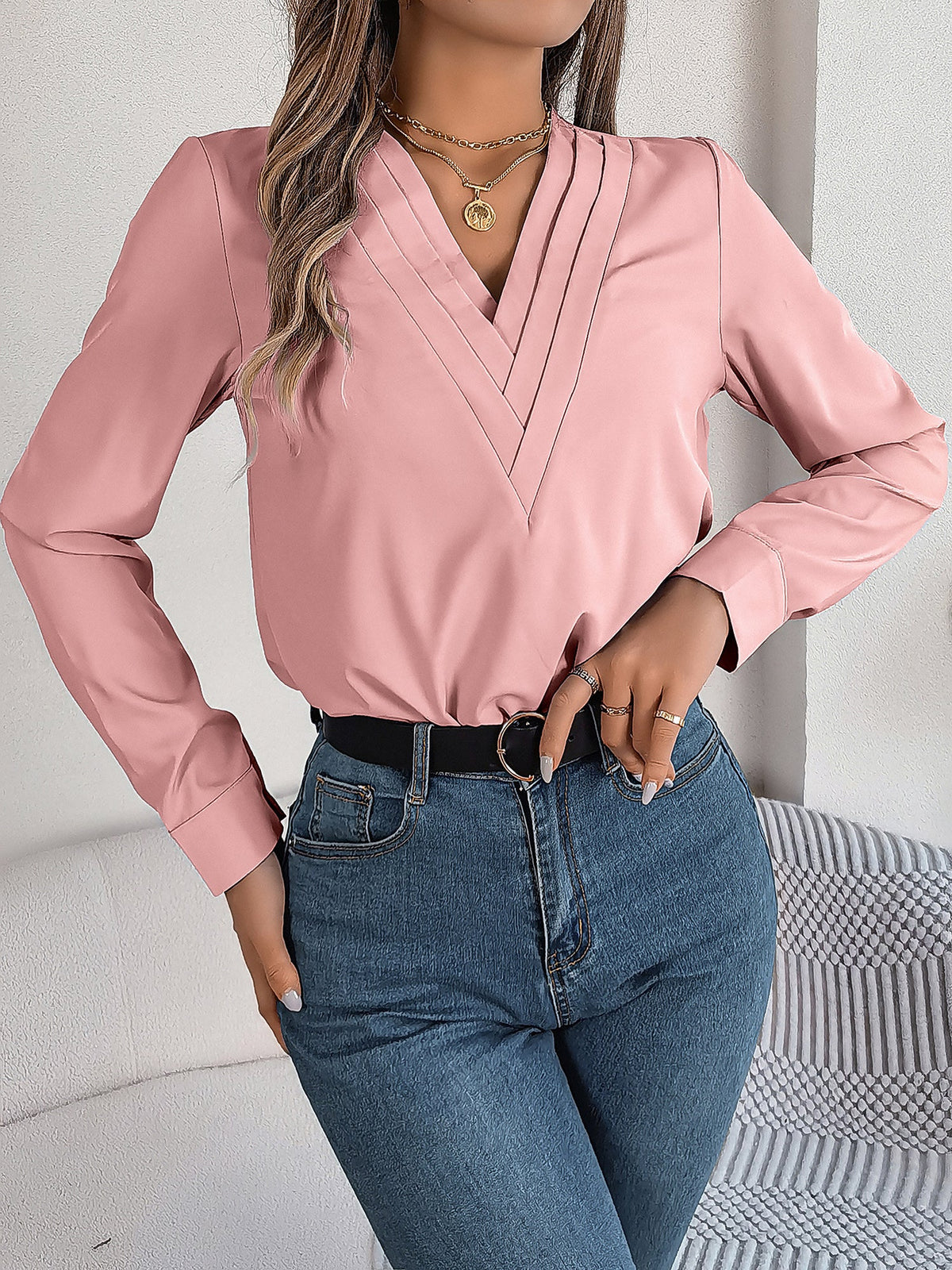 Solid Color Double Layer Breathable V Neck Long Sleeve Casual Business Work Blouse