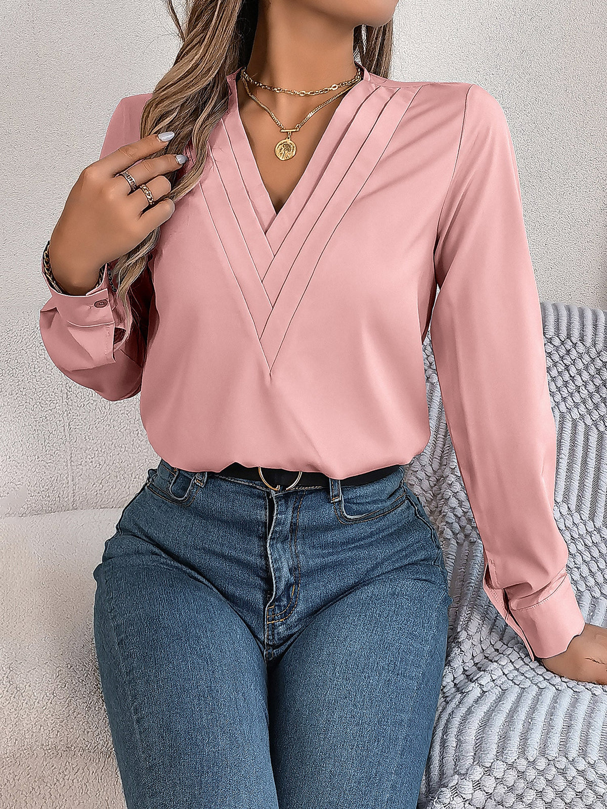 Solid Color Double Layer Breathable V Neck Long Sleeve Casual Business Work Blouse