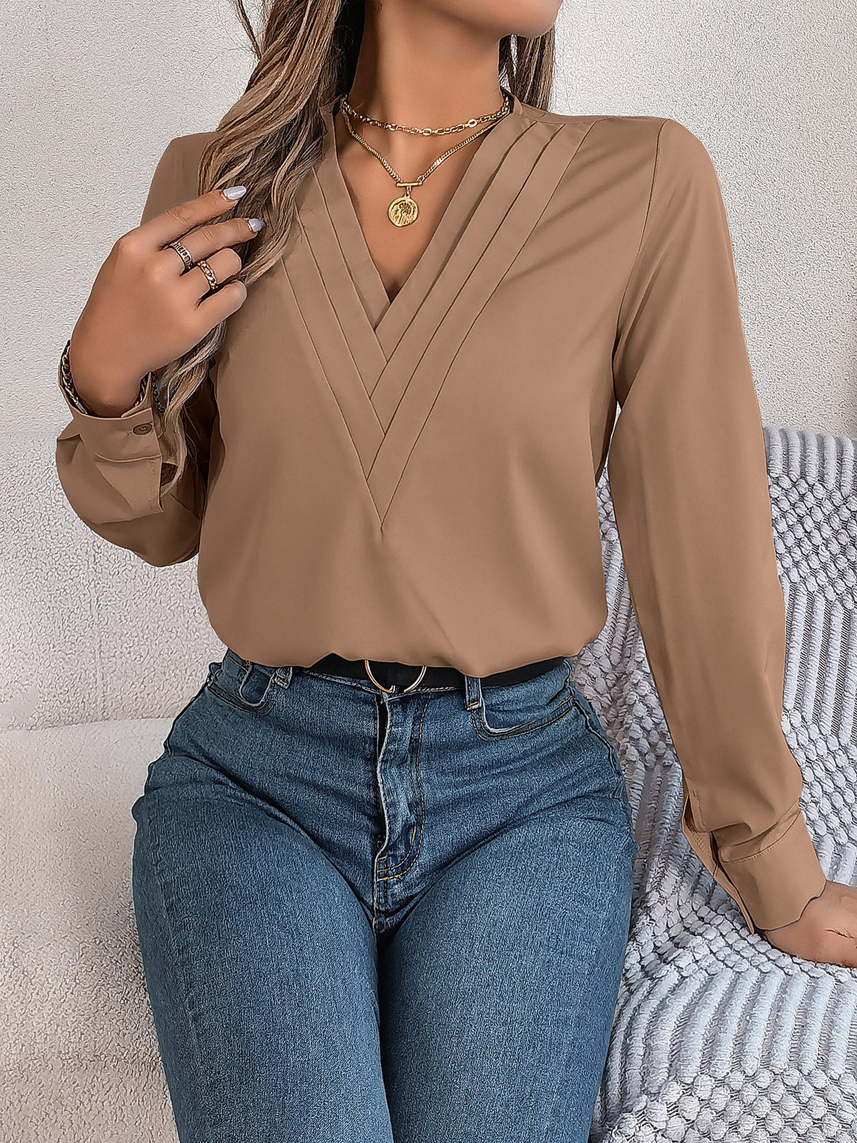 Solid Color Double Layer Breathable V Neck Long Sleeve Casual Business Work Blouse