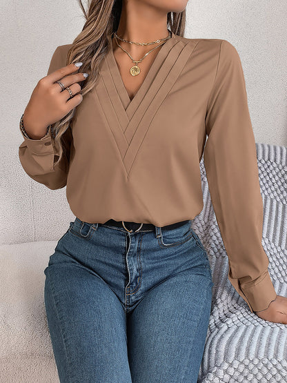 Solid Color Double Layer Breathable V Neck Long Sleeve Casual Business Work Blouse
