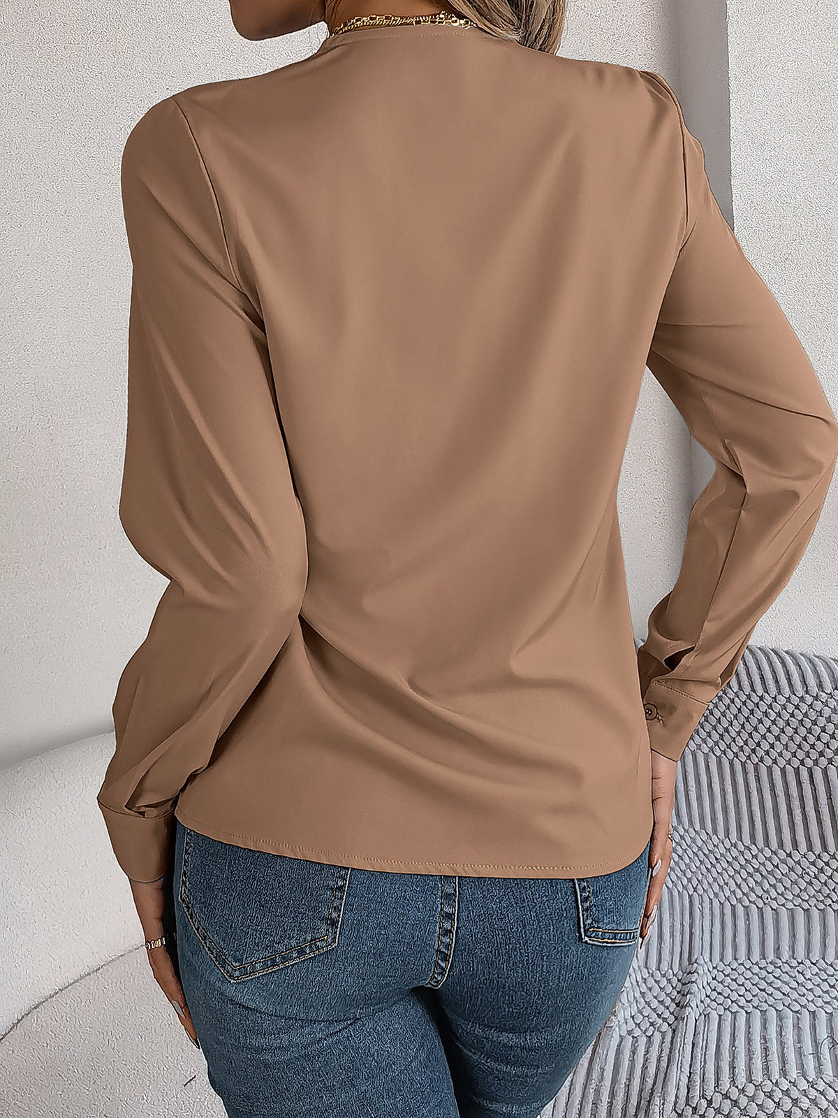 Solid Color Double Layer Breathable V Neck Long Sleeve Casual Business Work Blouse