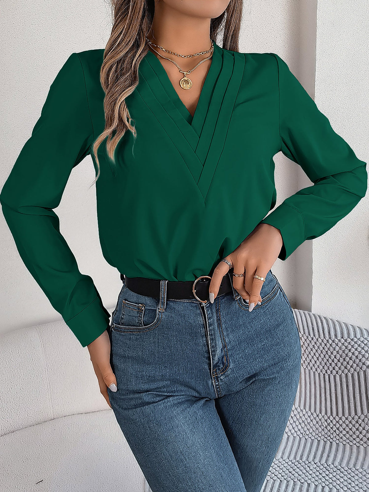Solid Color Double Layer Breathable V Neck Long Sleeve Casual Business Work Blouse