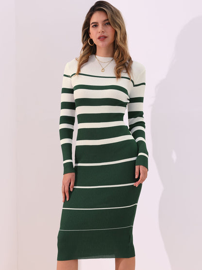 Striped Long Sleeve Bodycon Knit Midi Sweater Dress