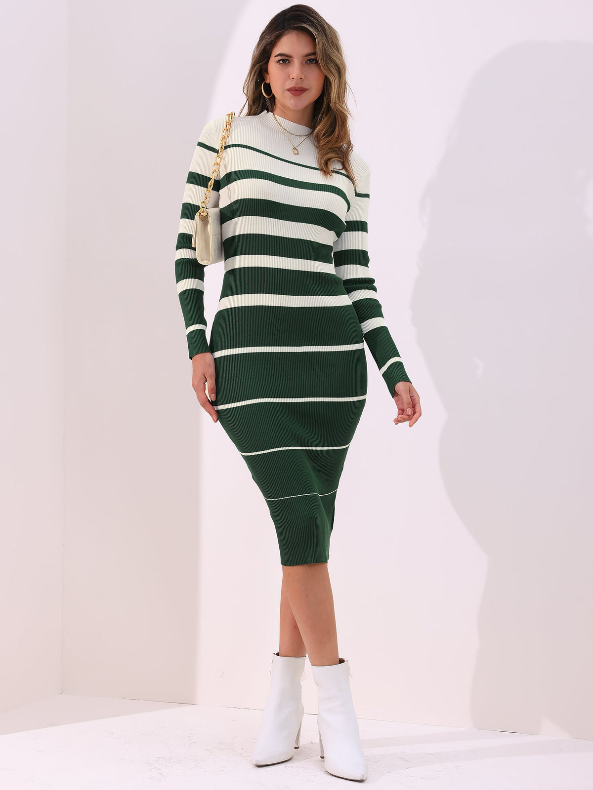Striped Long Sleeve Bodycon Knit Midi Sweater Dress