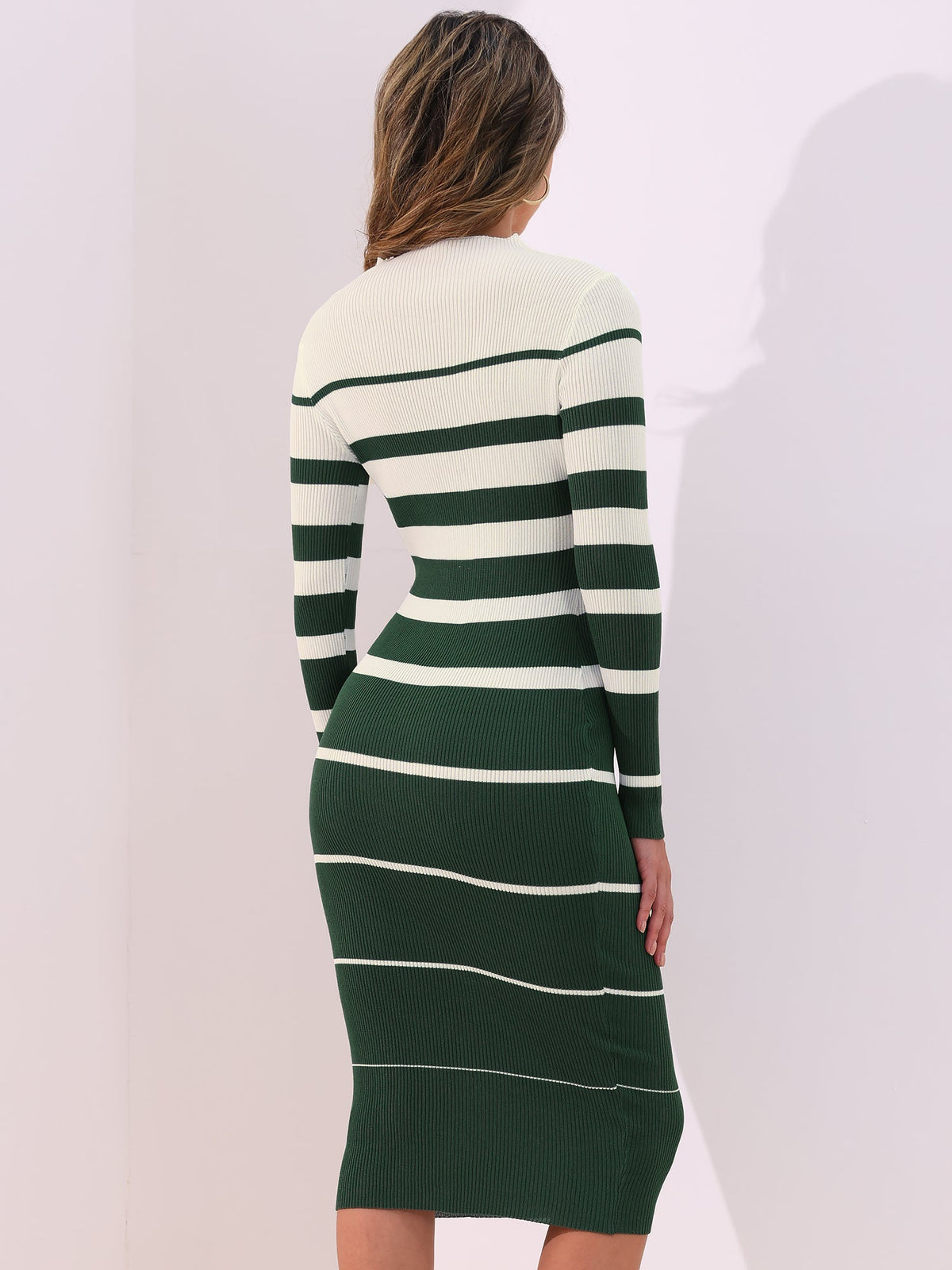 Striped Long Sleeve Bodycon Knit Midi Sweater Dress