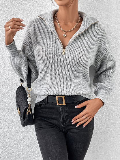 Polo Collar Zipper Long Sleeve Solid Color Casual Sweater