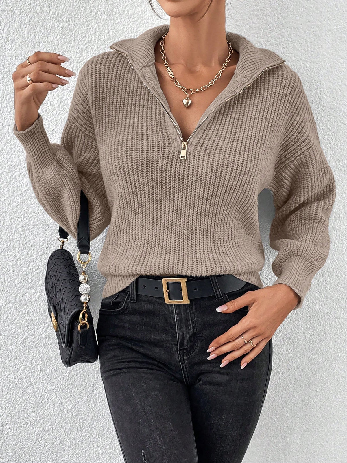 Polo Collar Zipper Long Sleeve Solid Color Casual Sweater