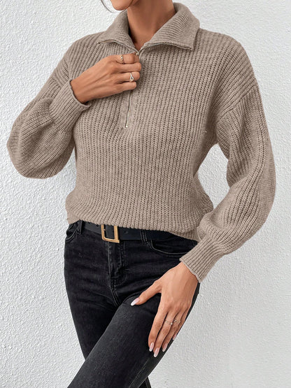 Polo Collar Zipper Long Sleeve Solid Color Casual Sweater