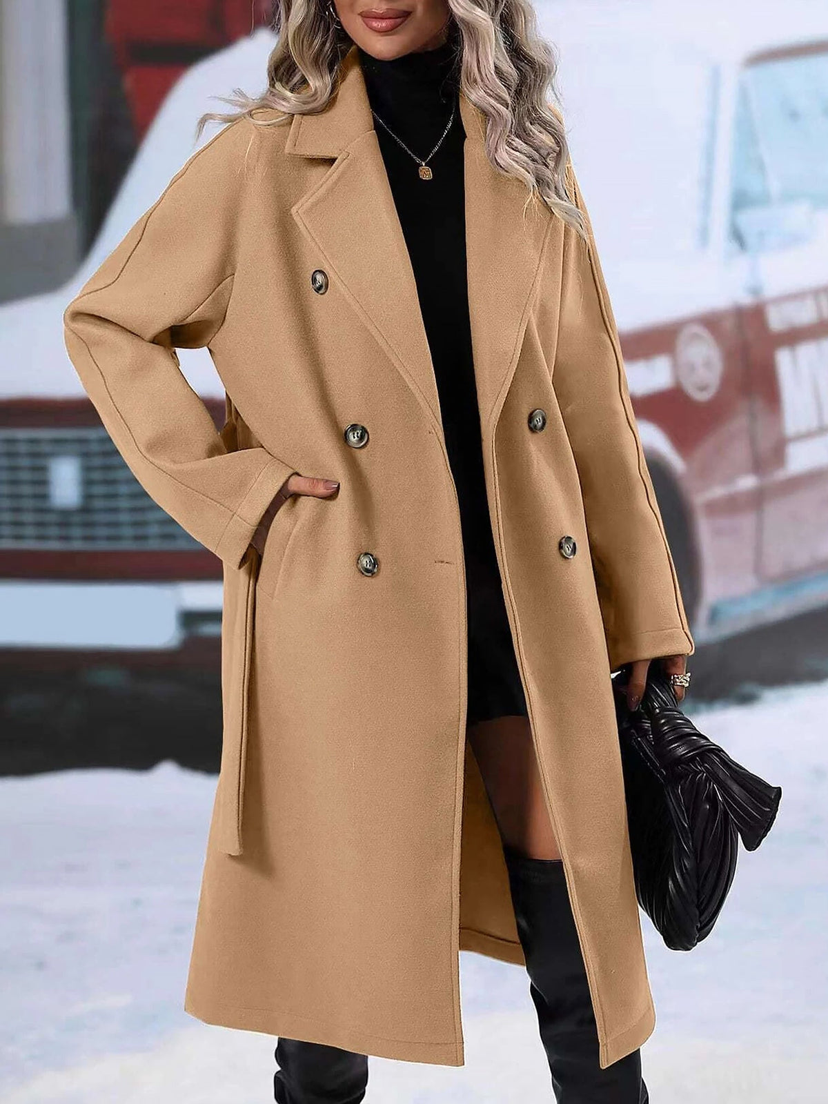 Solid Color Notched Lapel Double Breasted Belted Long Pea Coat