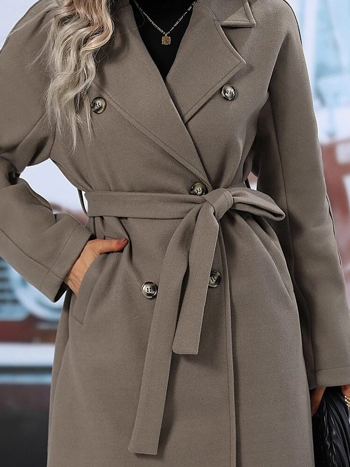 Solid Color Notched Lapel Double Breasted Belted Long Pea Coat