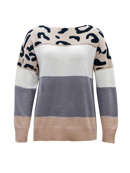 Leopard Colorblock Crew Neck Long Sleeve Casual Sweater